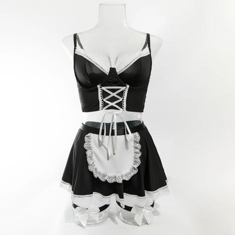 Bikini with seductive lace straps, waist cincher, leg garters, role-playing maid costume