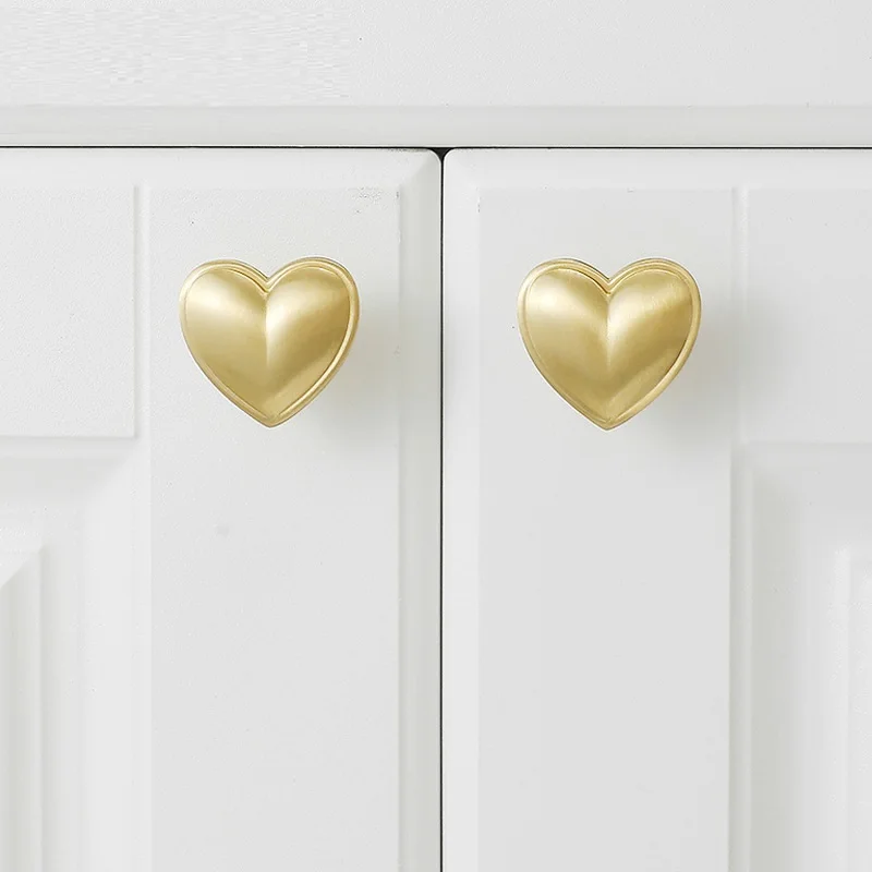 Solid Brass Heart Shaped Cabinet Knobs Gold Minimalist Single Hole Drawer Pulls Kids Wardrobe Handles Furniture Hardware