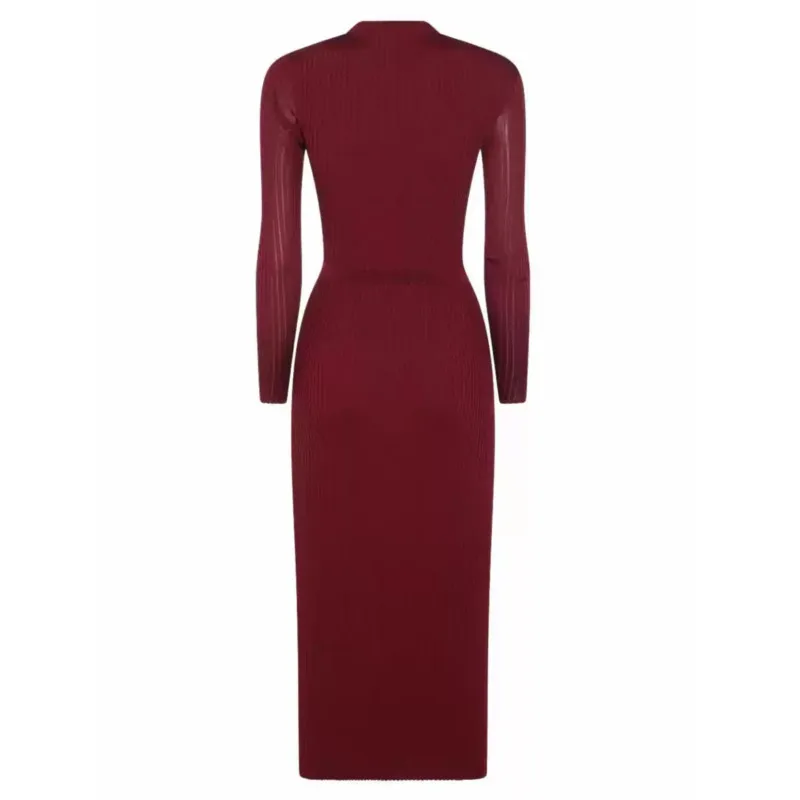 2025 ฤดูใบไม้ร่วงสไตล์ฝรั่งเศสชุดถัก-ไวน์แดงRibbed Cut-Out,คอกลมแขนยาวElegant Midi Dress,Viscose Blend