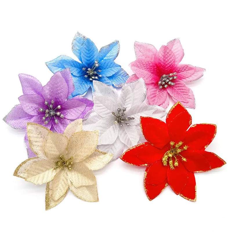 

10 pieces pure color Christmas decorations with golden powder edge Christmas flower 13cm small Christmas tree wreath accessories