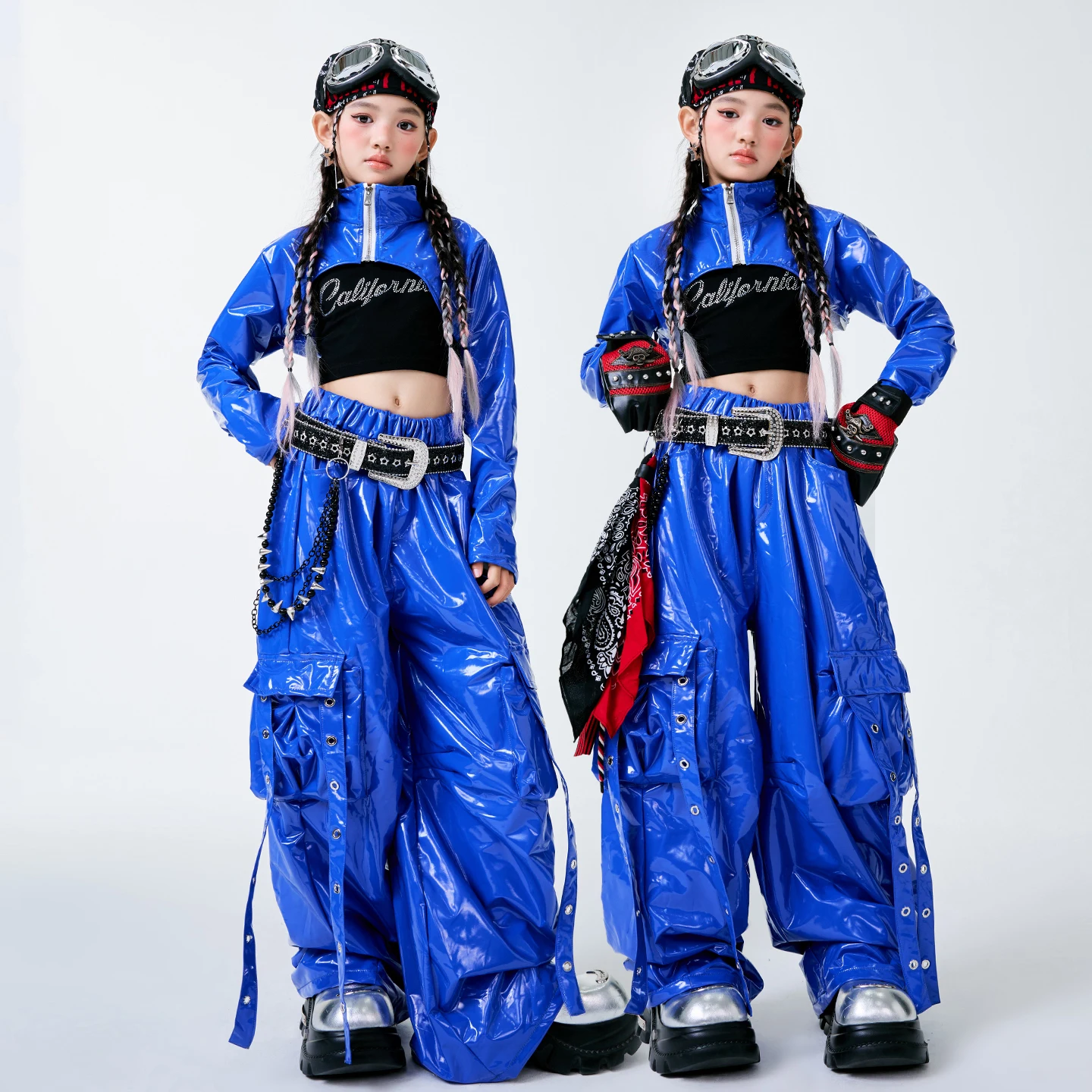 2025 الأطفال قاعة الرقص الهيب هوب أزياء رقص للفتيات المحاصيل القمم الهيب هوب السراويل الأزرق بدلة جلدية الجاز الرقص مرحلة الهذيان الملابس