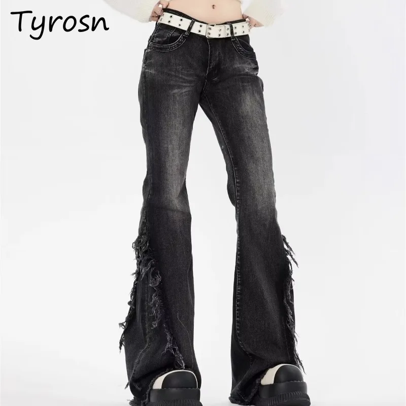 

Micro-flared Jeans for Women Fashion Washed Chic Niche Raw Edges Unique Slim Fit All-match Daily Trendy American Retro Trousers