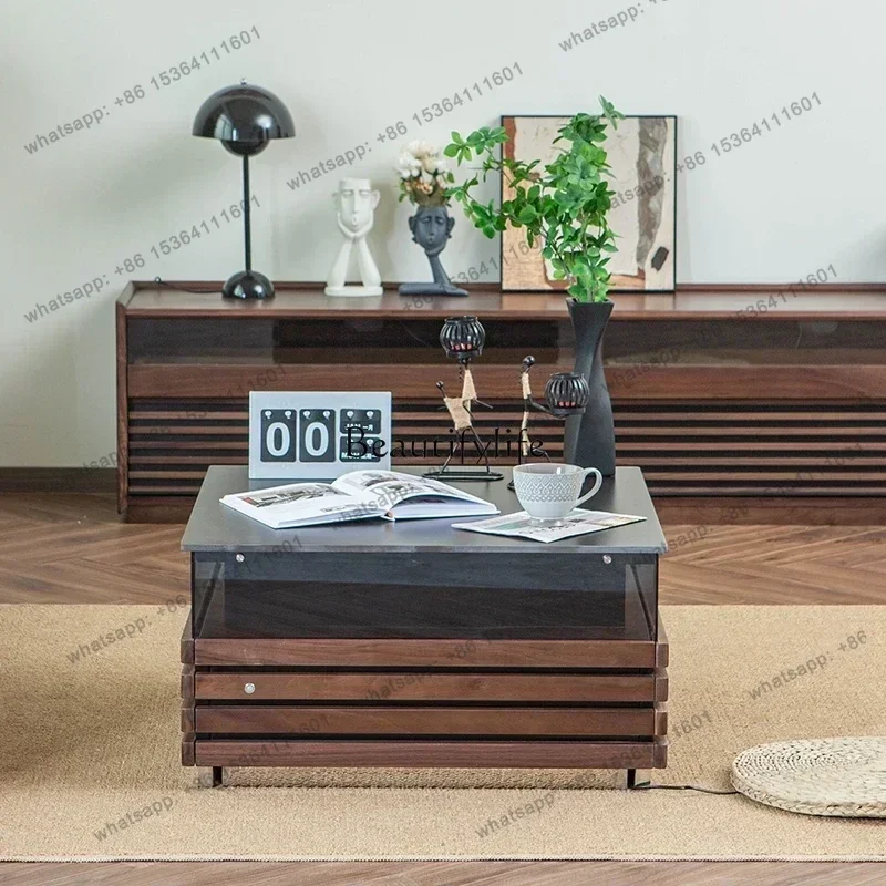 LXNordic Stone Plate Coffee Table Solid Wood Luminous Atmosphere Black Walnut Modern Square Minimalist Tea TableSSS