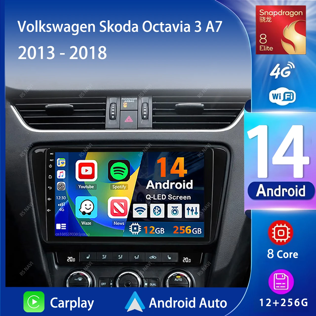 Android 14 Carplay Auto Car Radio Multimedia For Volkswagen Skoda Octavia 3 A7 2013-2018 navigation video DVD Stereo 2 din 4G+BT