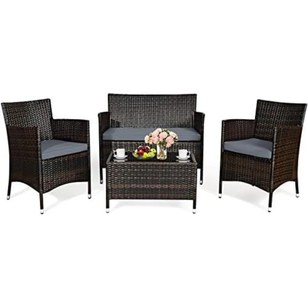 

4 Pieces Patio Sofa Set Rattan Wicker Furniture Patio Conversation Set with Cushioned Sofa and Coffee Table for Outdoor Backyar