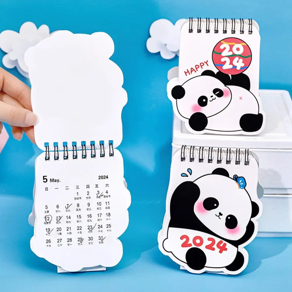 2024 Calendar Desk Calendar Cartoon Panda Pattern Standing Flips Calendar Manage Time Plan Tasks Mini Calendar for Home Office