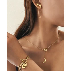 Stainless Steel Jewelry Set Tassel Earrings Double Chain Bracelet Star Moon Necklace Jewelry Set For Women Jewelry Banquet Gifts
