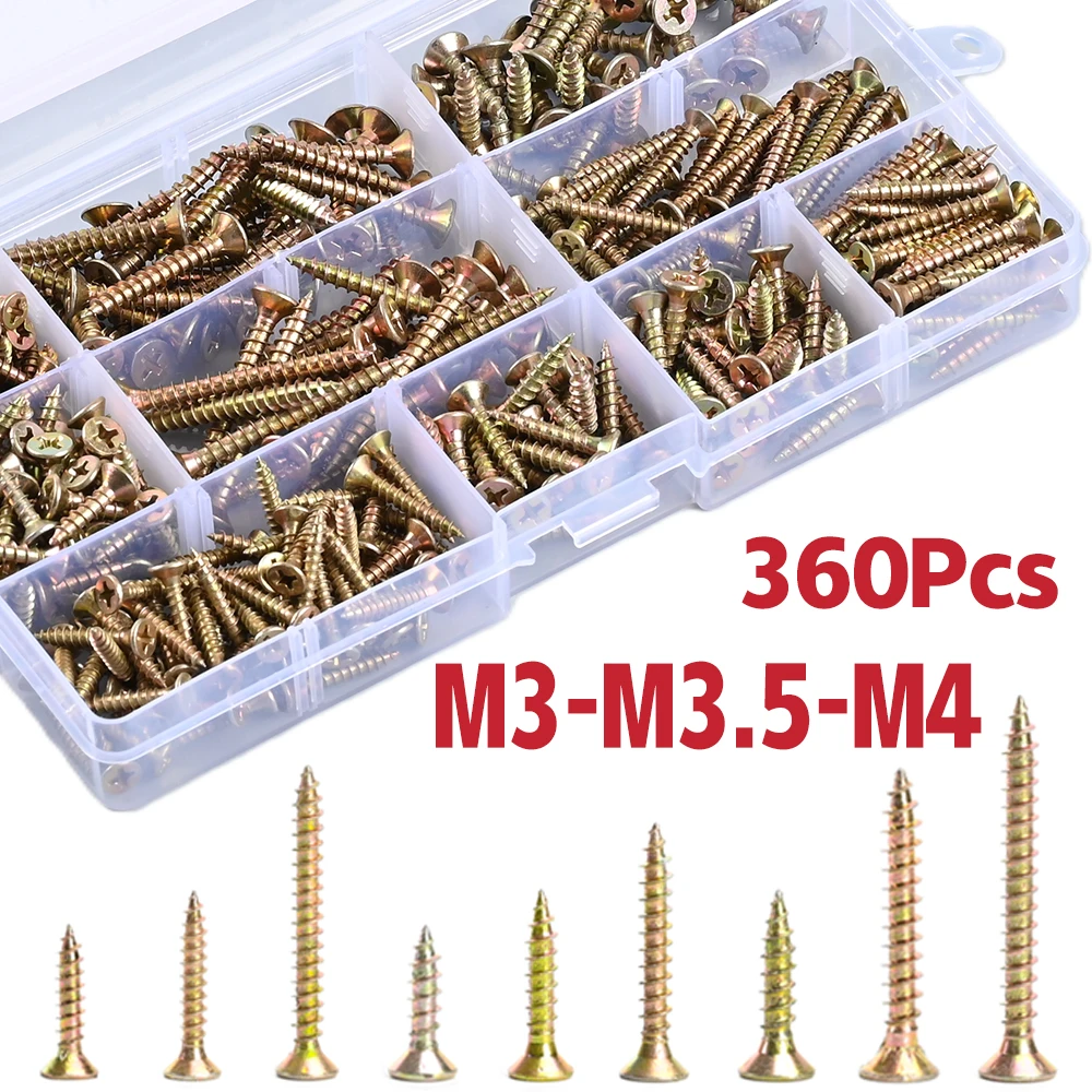 

360pcs M3 M3.5 M4 Flat Head Phillips Zinc Plated High Strength Fiber Screws Carbon Steel Woodworking Screws Self Tapping Screw