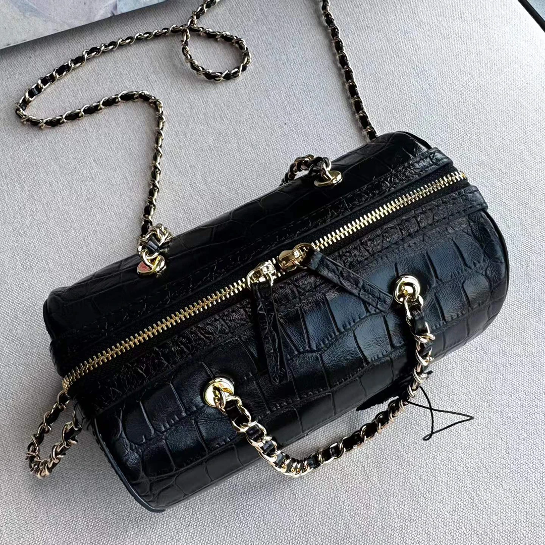 Mendy Genuine Leather Crocodile Barrel Bag Women Luxury Croc Embossed Gold Chain Strap Vintage French Style Casual Versatile