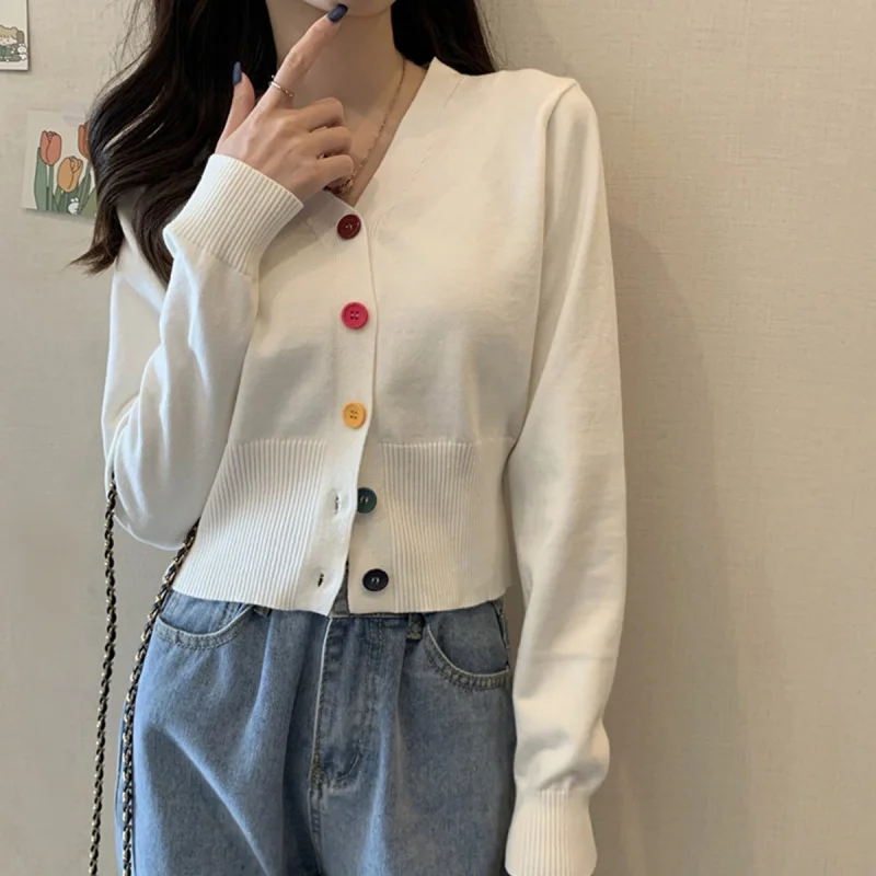 Autumn and Winter Little Fresh Colorful Buttons Younger Slim-Fit SlimmingVCollar Cardigan Long-Sleeved Sweater Top for Women