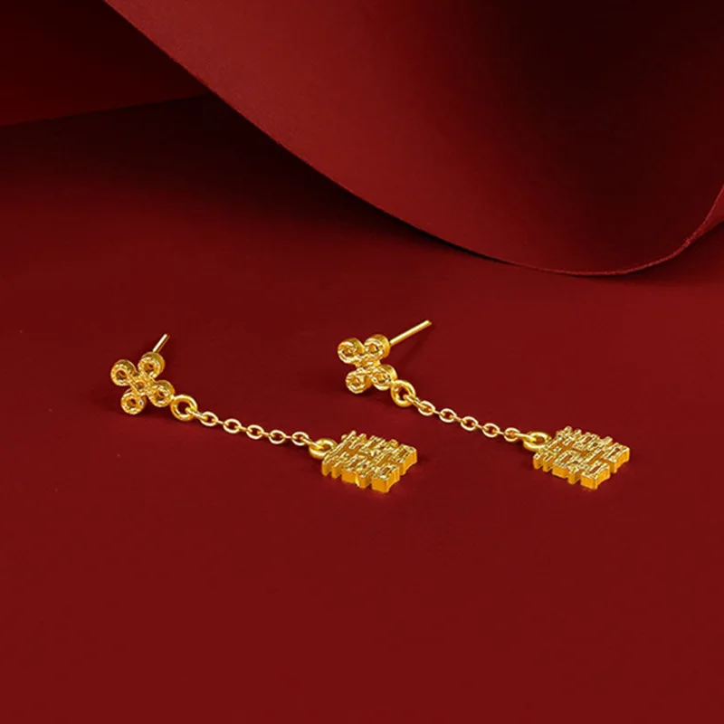 High quality gold 24K double ear line long earrings retro Chinese style fashion AU750 jewelry 999Aretes of women