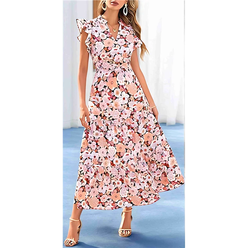 2025 여성 여름 플로럴 미디 드레스 캡 슬리브 V넥 러플 롱 플로위 보헤미안 캐주얼 비치 휴가 드레스