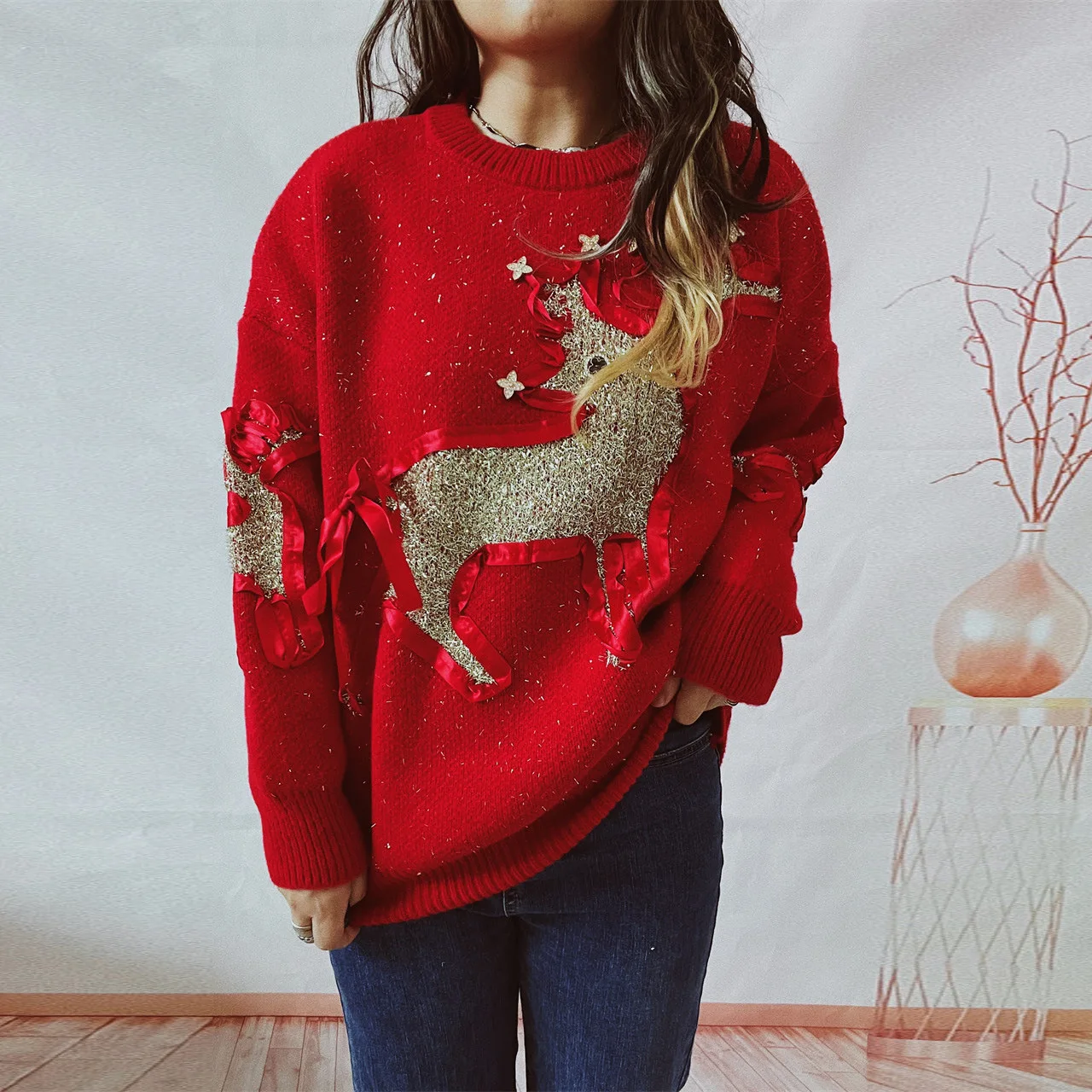 Autumn And Winter New Christmas Sweater Ribbon Gold Jacquard Deer Round Neck Thickened Knitted Pullover