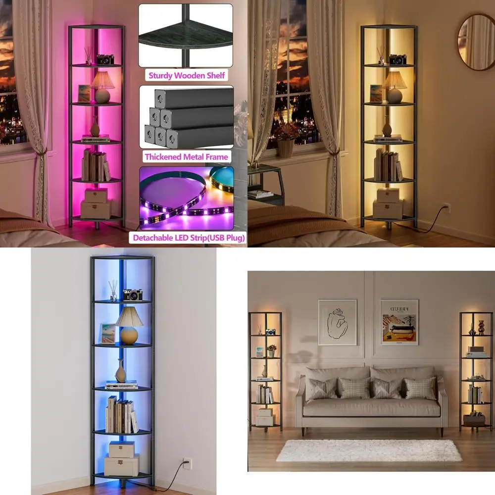 

6-Tier LED Lighted Shelving Unit, 67.5 Tall, Black Metal and Wood Display Rack for Living Room or Bedroom Storage