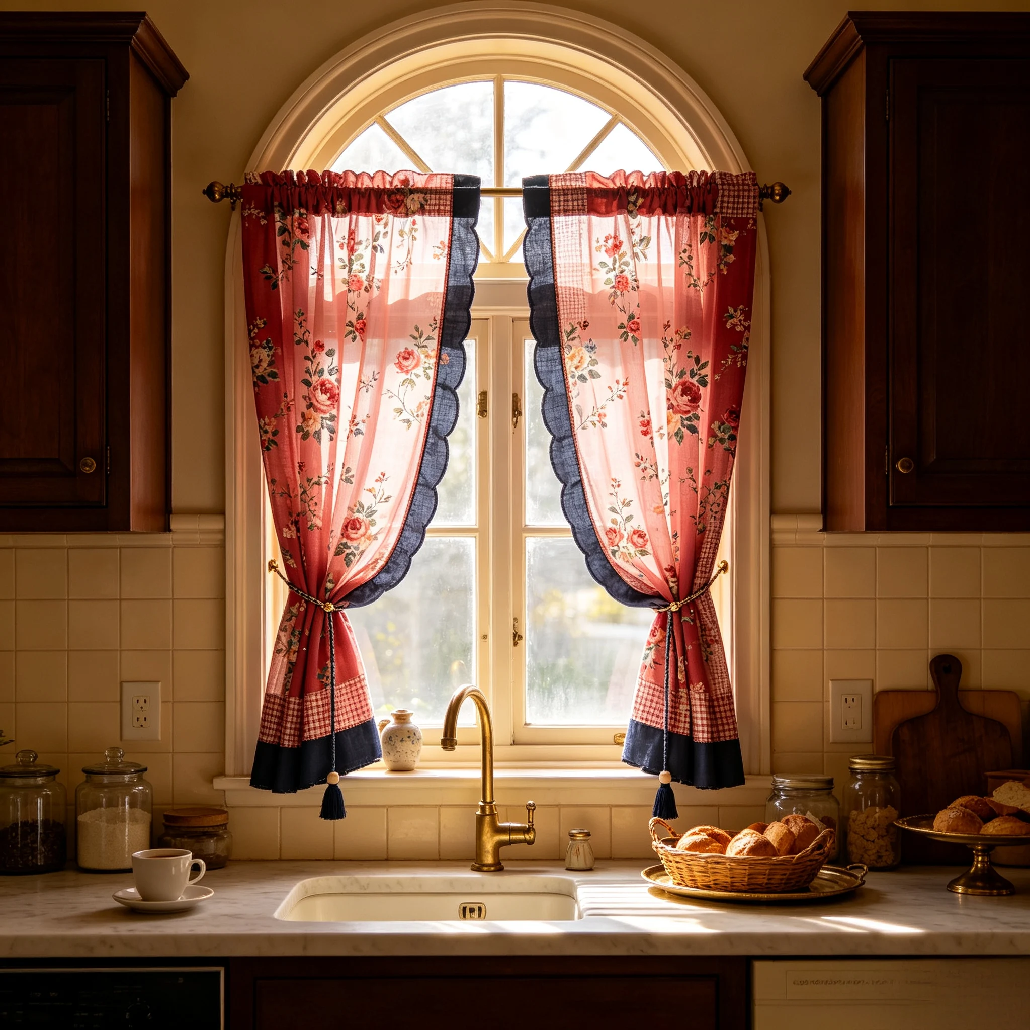 200253   French retro kitchen rouge red navy blue small floral short curtain curtains