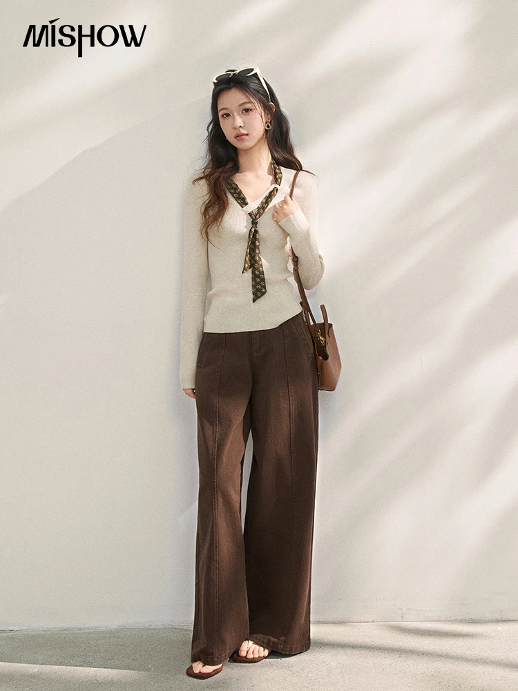 MISHOW Women's Elegant Mint Green V Neck Ribbed Knit Pullover Top Tie Neck Long Sleeve Slim Spring Autumn Sweater MXF108Z1024 - view 6