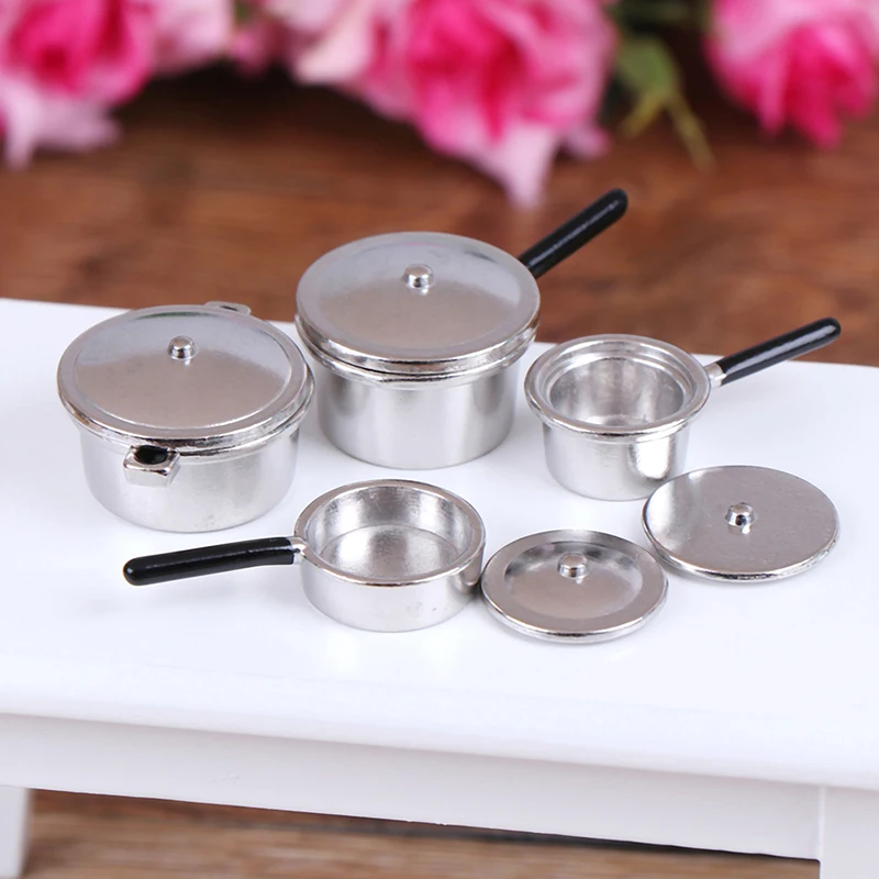 4Pcs/bag 1:12 Dollhouse Miniature Metal Mini Pot Set Doll House Kitchen Furnitures