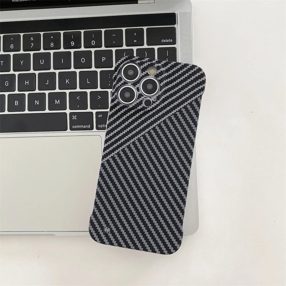 Ultra-Thin Carbon Fiber Texture Borderless Case For iPhone 15 Pro Max 13 12 11 Pro Mini XS XR 7 8 SE 14 Plus Frameless Slim Case