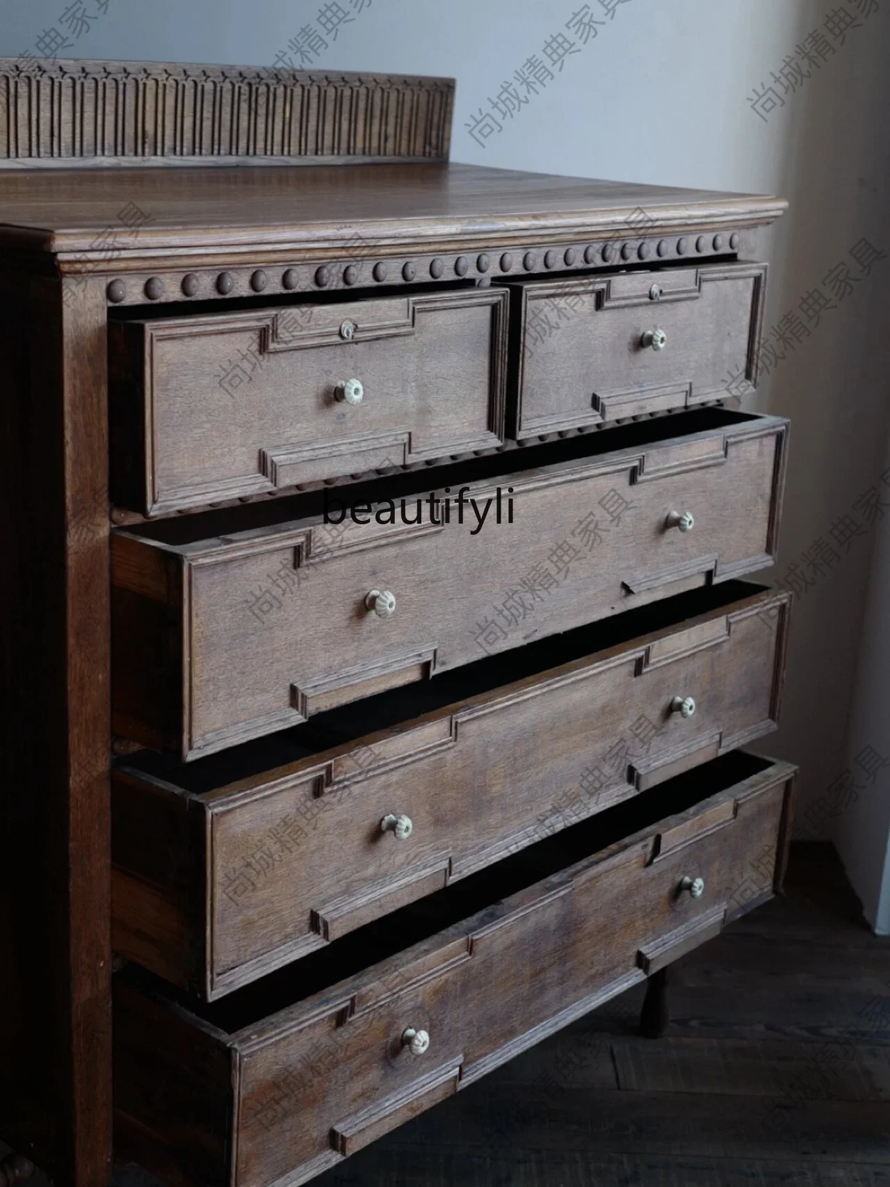 X188 Retro Solid Wood Carved Chest of Drawers Locker New Classical Hall Entrance Cabinet French Four-Drawer Cabinet Complete Set