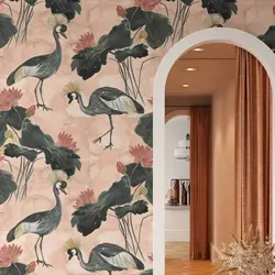 Colorful Watercolor Heron Wallpaper, Large Black Bird Peel and Stick Wallpaper,Pink Background, Botanical Crane Wall Paper Roll