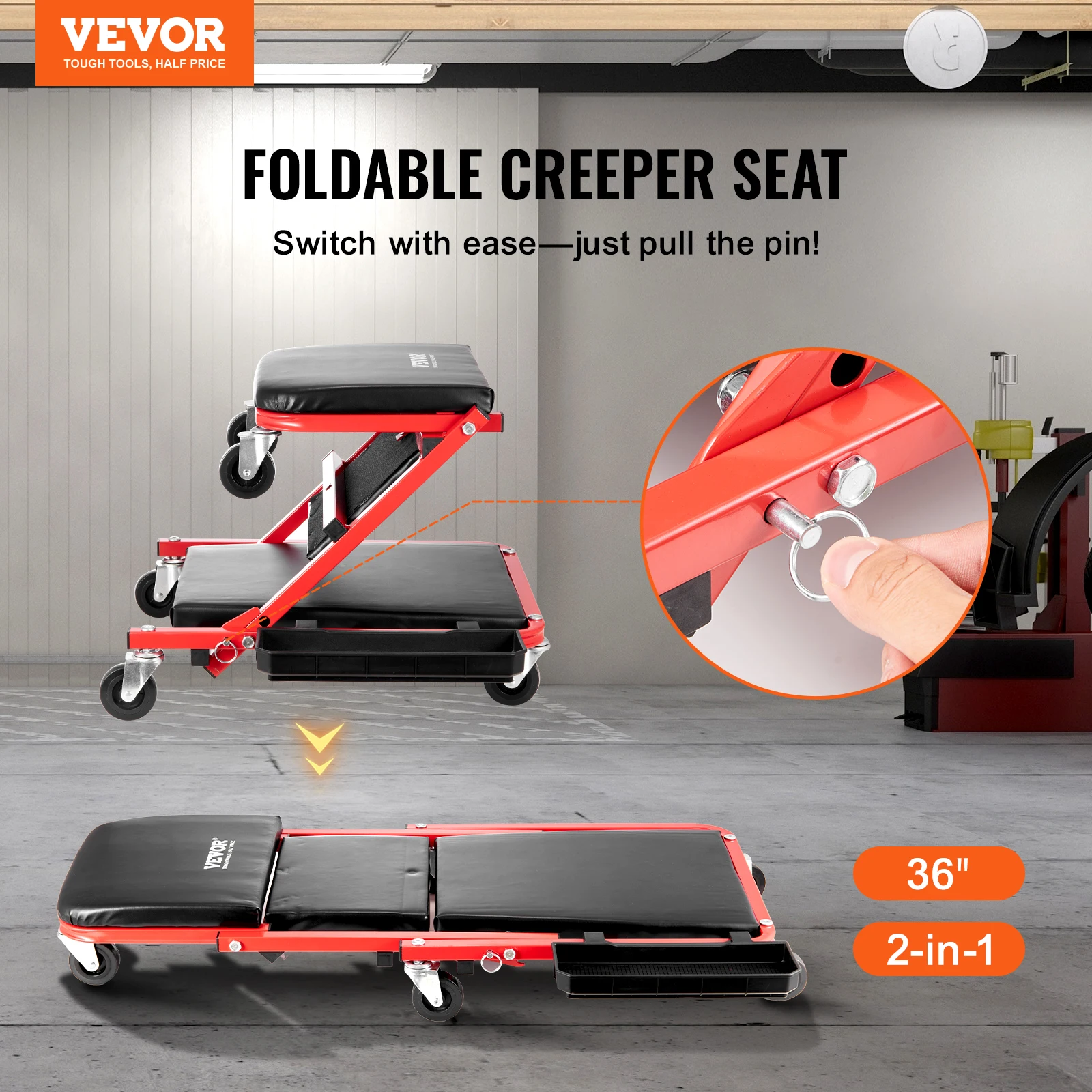 VEVOR Foldable Z Garage Creeper Rolling Folding Mechanic Creeper Stool with 6 Wheels Tool Tray Padded Seat for Garage Shop Home