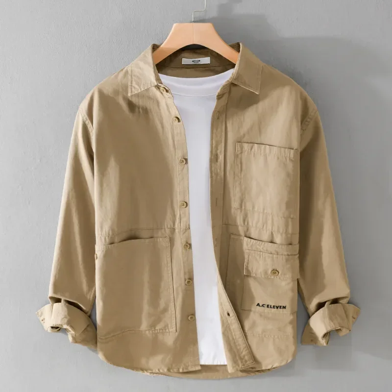 Spring Fall New Long Sleeve Shirts Man Lapel Multi-pockets Cargo Shirt Men Casual 100% Cotton Shirts Japanese Fashion Jacket Man