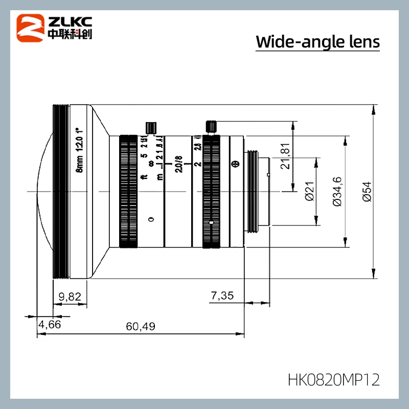 12-мегапиксельный объектив с креплением C, широкоугольный объектив 8 мм, 1-дюймовый CMOS-сенсор, камера с ручной диафрагмой F2.0, камеры машинного зрения с высоким разрешением HK0820MP12
