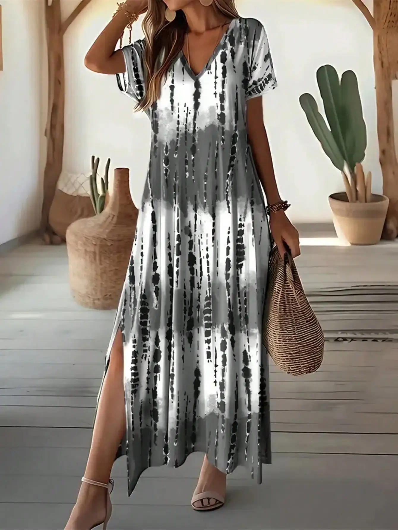 

Women's V-Neck Short Sleeve Loose Tie-Dye Maxi Dress with Side Slit