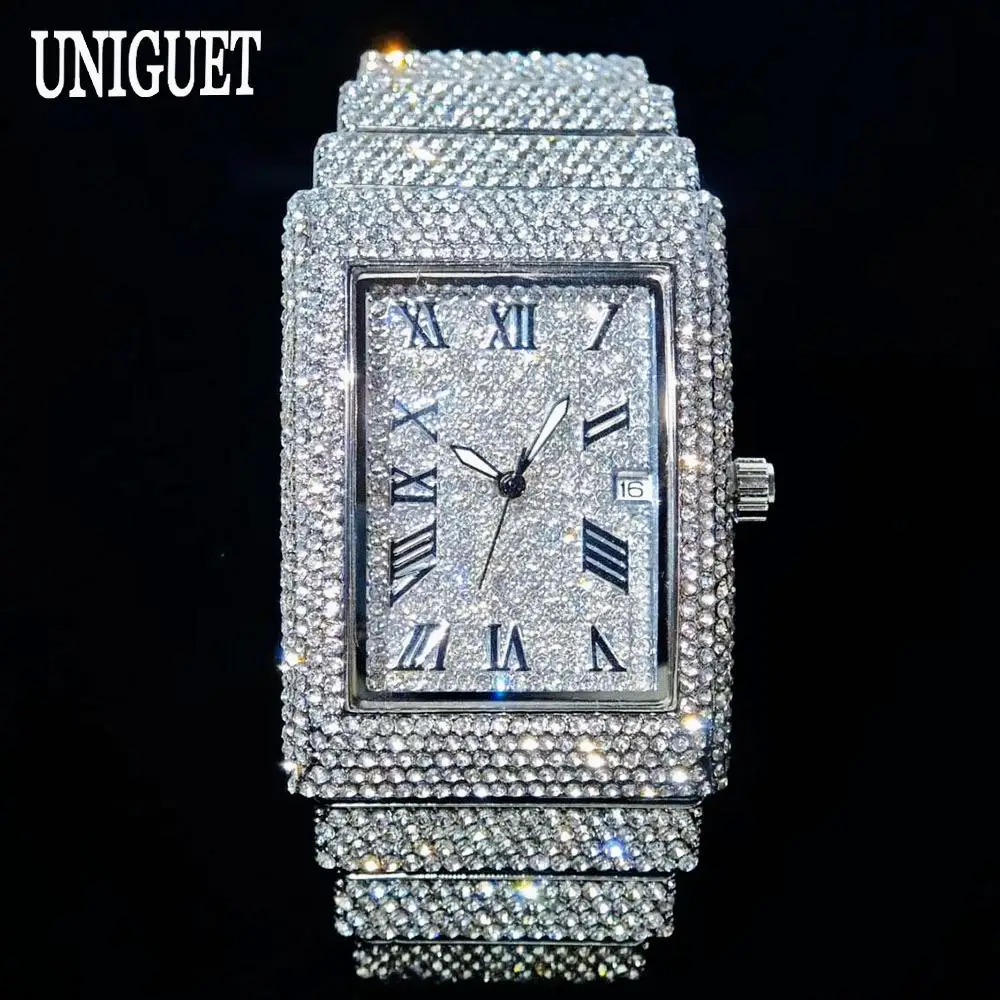 

Luxury Brand UNIGUET Watch For Men Fashion Rectangle Hip Hop Full Diamond Bling Jewelry Waterproof Male Iced Wristwatch Hot Sale