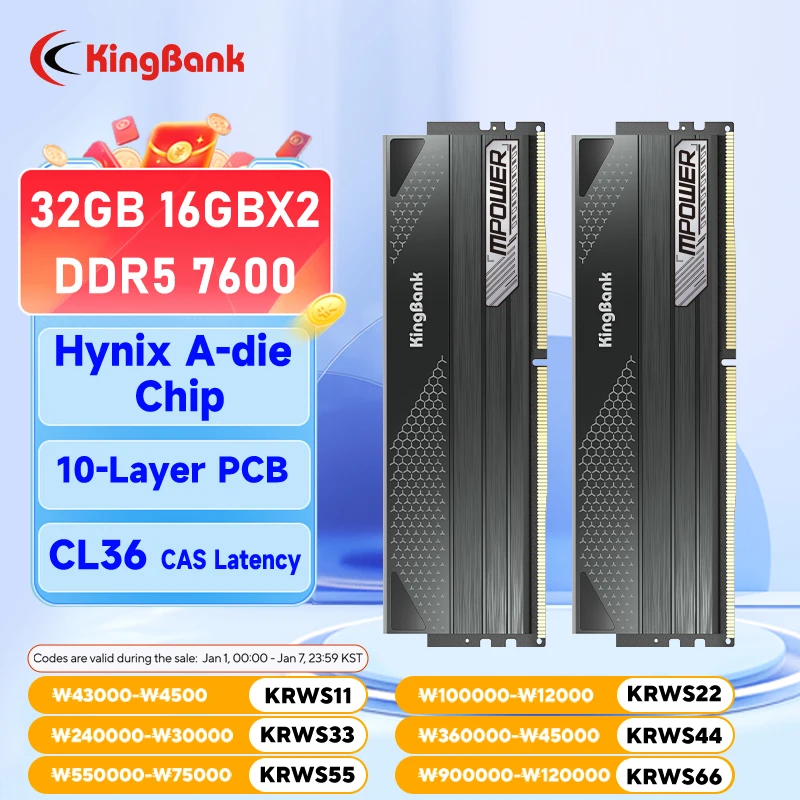 KingBank DDR5 16 GB 16 GB x 2 7600 MHz MPOWER CL36 Desktop-Speicher 288 Pin PMIC ECC DIMM DDR5 RAM Hynix A-Stanzschip Hohe Leistung