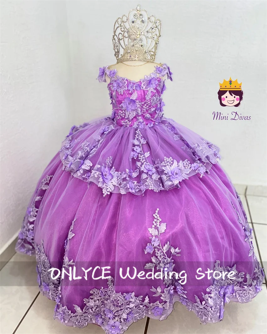 

Flower Girl Dress Purple Layered Bead Floral Appliques Crystal Pearls For Wedding Birthday Party Princess Gowns Customized