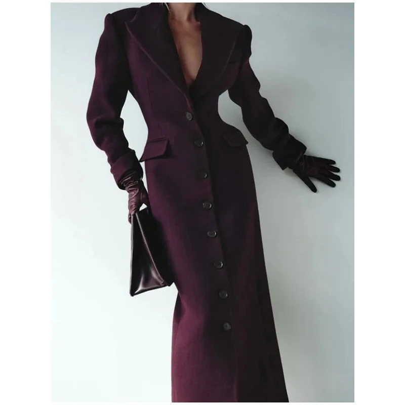 Spring New Sle Long Pure Color Slim Fit Single Button Notch Collar Coat Women's Woolen Outerwear Ele Classic Length