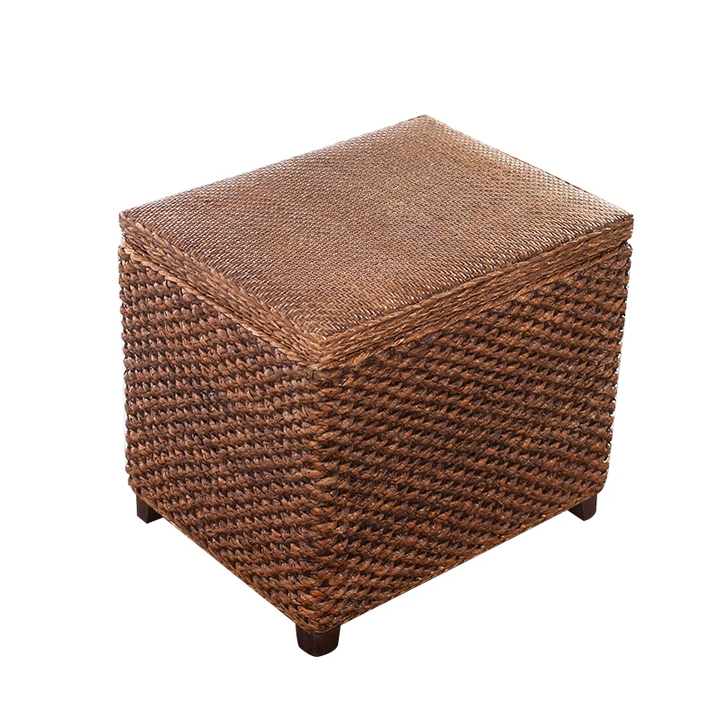 Handknitted Solid Wooden Storage Stool Light Simple Rattan Pouf Breathable Strong Loadbearing Portable Step Stool