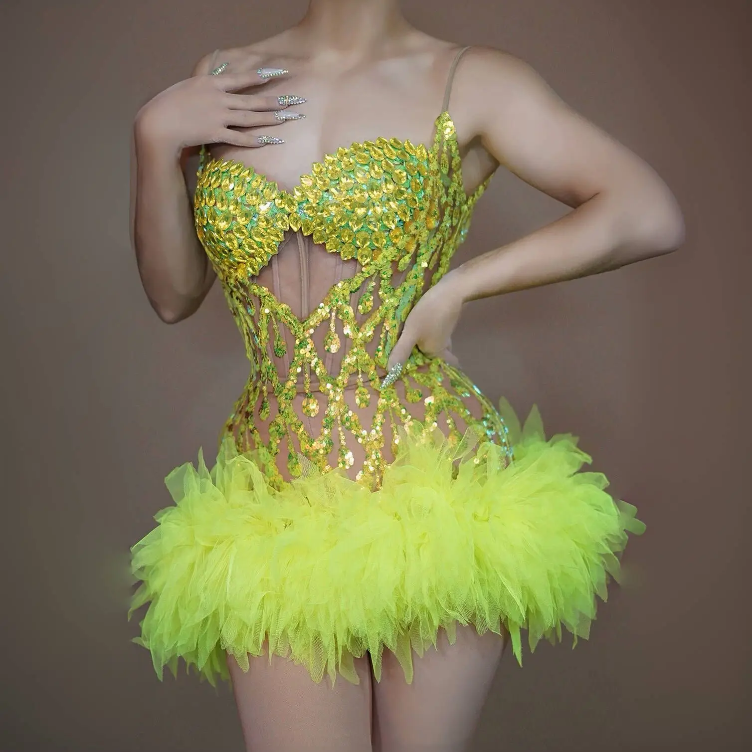 

Flashing Crytral Sequins Fluorescent Color Sexy Sheath Dress Evening Party Performance Costume Nightclub Dancer Stage Wear