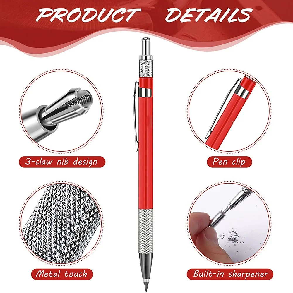 Lápis de soldador com 12 peças de recargas de raia prateada, marcador de metal, lápis de soldagem mecânica, fabricação, vermelho