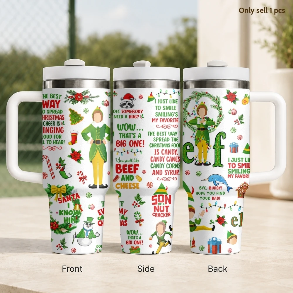 Funny Elf Christmas Quotes Vacuum Flasks 40oz Stainless Steel Insulated Tumbler With Handle & Straw Leakproof Travel Mug