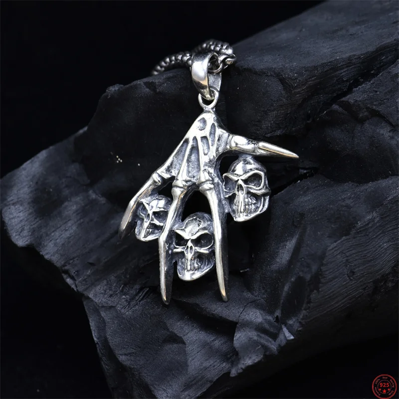 S925 Sterling Silver Charm Pendants for Men Women Fashion Skeleton Hand-skull Hip Hop Street Punk Jewelry Wholesale