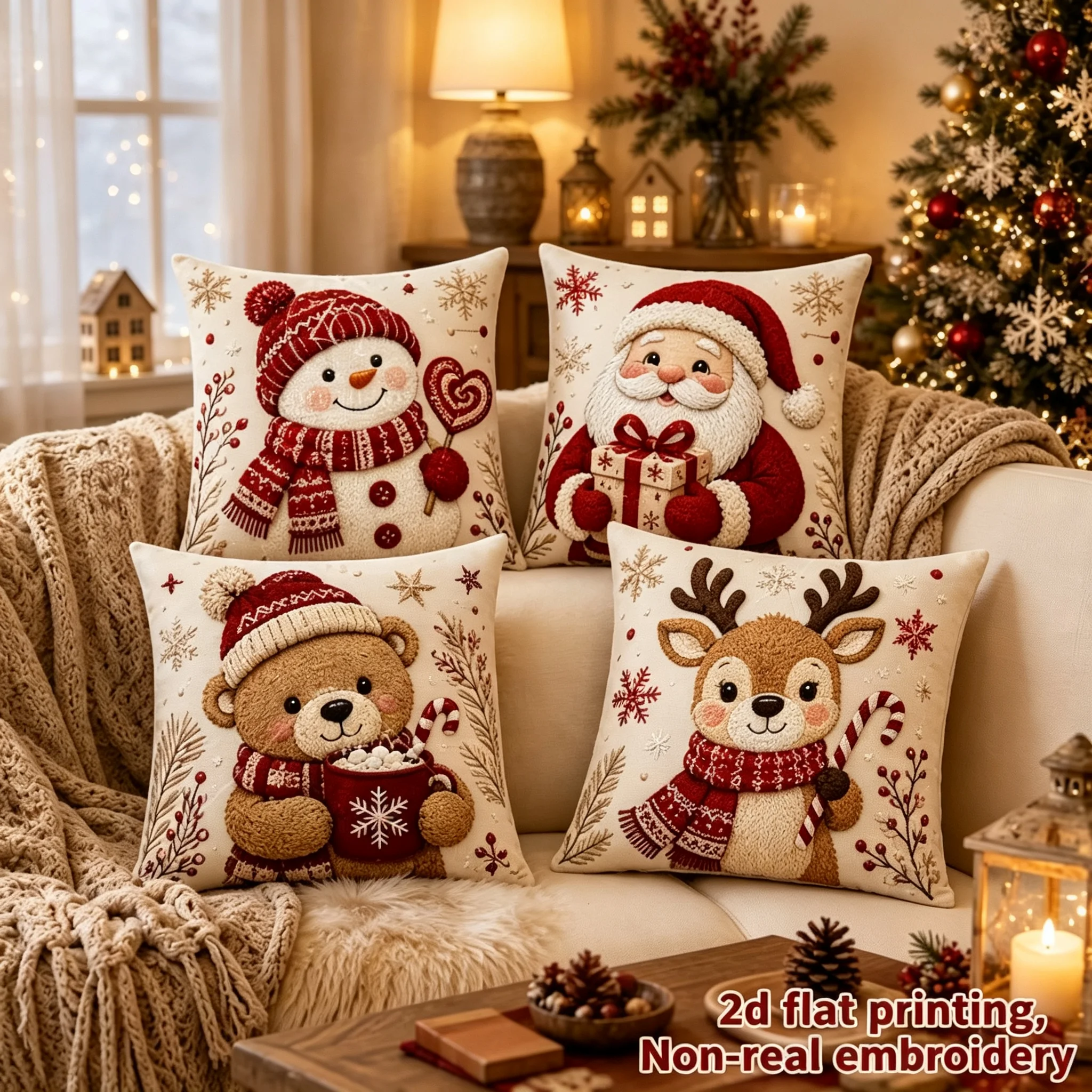 4Pcs Christmas Snowman Santa Bear Reindeer Pillow Covers 2D Flat Printed Non Real Embroidery Cushion Covers Xmas Sofa Decoration