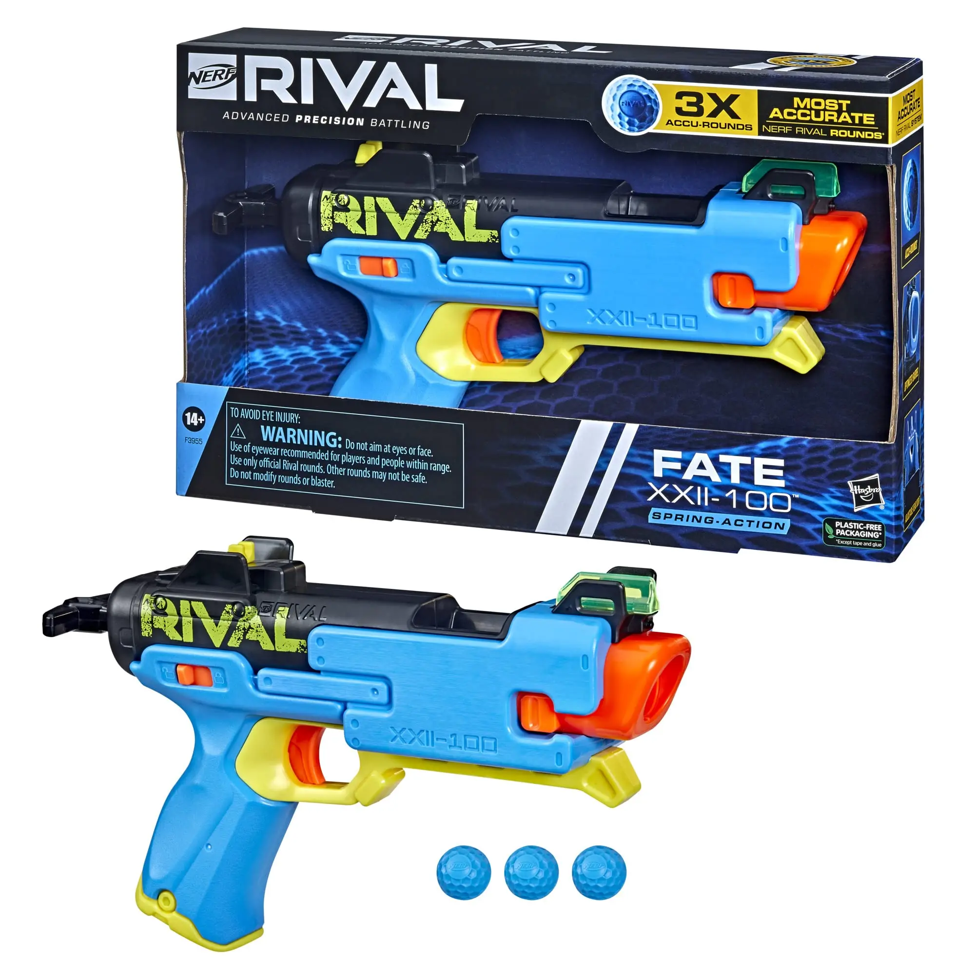 

Hasbro Nerf Rival Fate XXII-100 Blaster, Most Accurate Rival System, Rear Sight, Breech Load, 3 Rival Accu-Rounds F3955