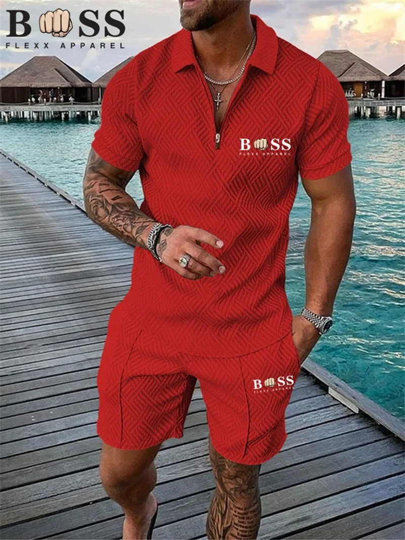 2024New 3D Men's Polo Set Fashion and Casual Men's Solid Color Summer V-neck Zipper Short Sleeve Polo Shirt+Shorts Men's Set