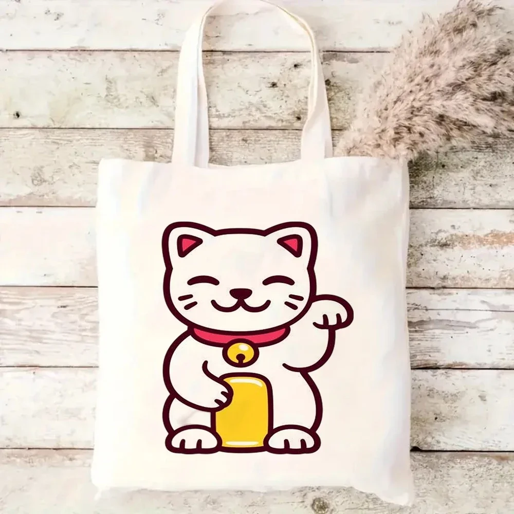 Cute Cartoon Maneki Neko Print Canvas Tote Bag Handbag for Daily Shopping,Commute,Travel,Picnics,and Parties.Yoga tote bag