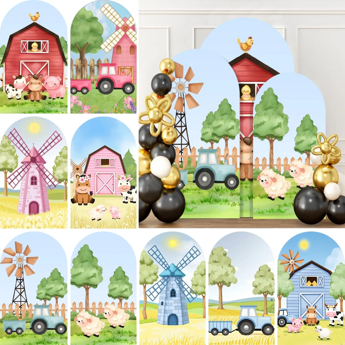 Yeele Cartoon Farm Arch Cover Backdrop Green Grass Animals Windmill Baby Shower Newborn Birthday Party Elastic Arched Background