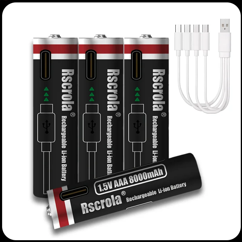 

1.5V AAA 8000mAh Lithium Battery - USB Type-C Rechargeable for Portable Speakers, Gamepads, Clocks & Flashlights