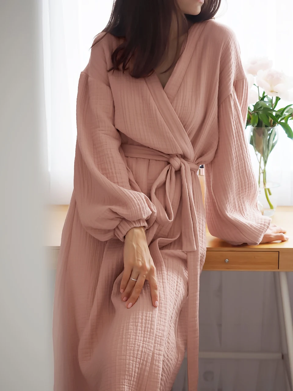 Linad Solid Color Sleepwear Women\'s Robe Puff Sleeves Bathrobe Female Nightwear Cotton Robes Women Home Wear Spring Loungewear