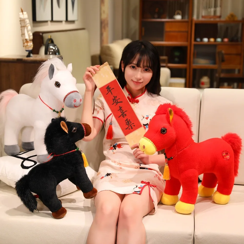 Simulation Spring Festival Mascot Horse Long Mane Fluffy Tail Standing Foal with Tassel 20/25/30cm Pony New Year
