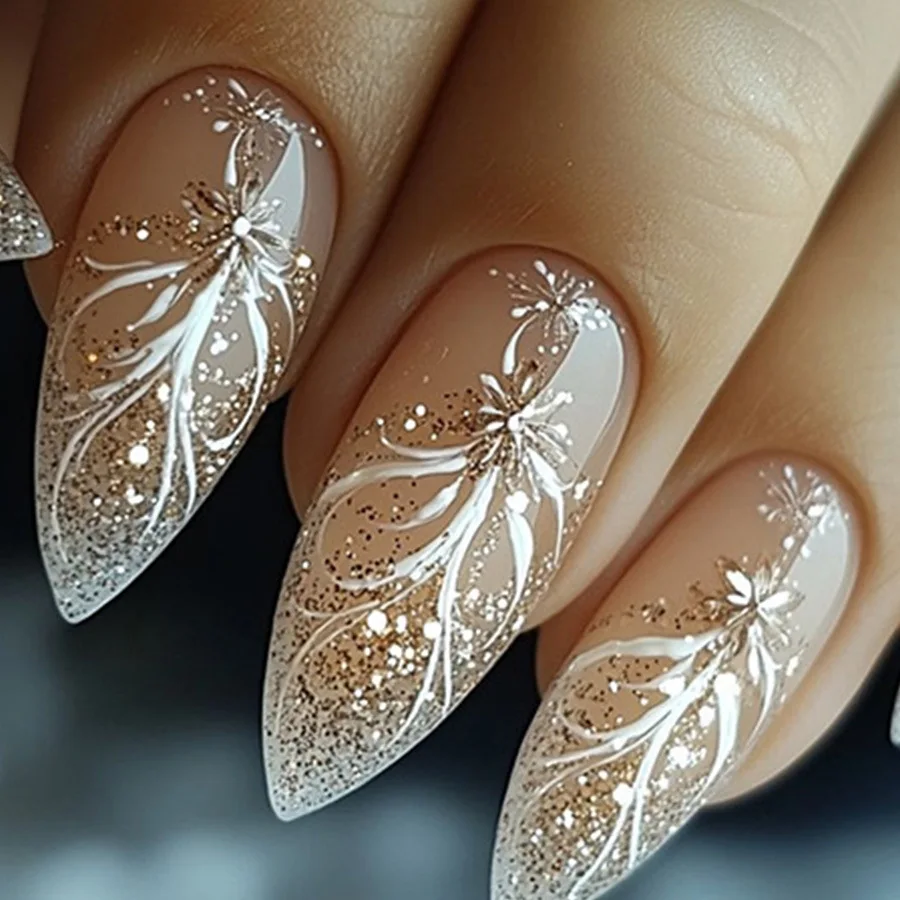 24 Pcs Self-adhesive Press on Nails Gold Sparkle Glitter Sequins Sweet Fake Nails Cheap korean Nail Tips Aesthetic Glued Nails