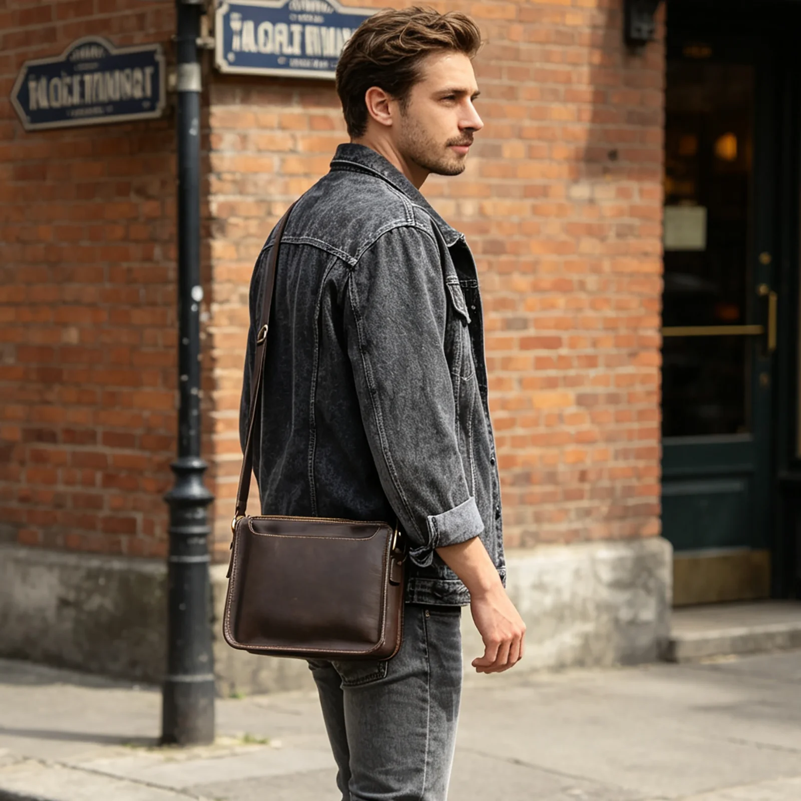 S.WORKER Vintage Echtleder Herren 11" Messenger Bag Umhängetasche Crazy Horse Rindsleder Schultertasche Top-Layer Mode – Detail 6
