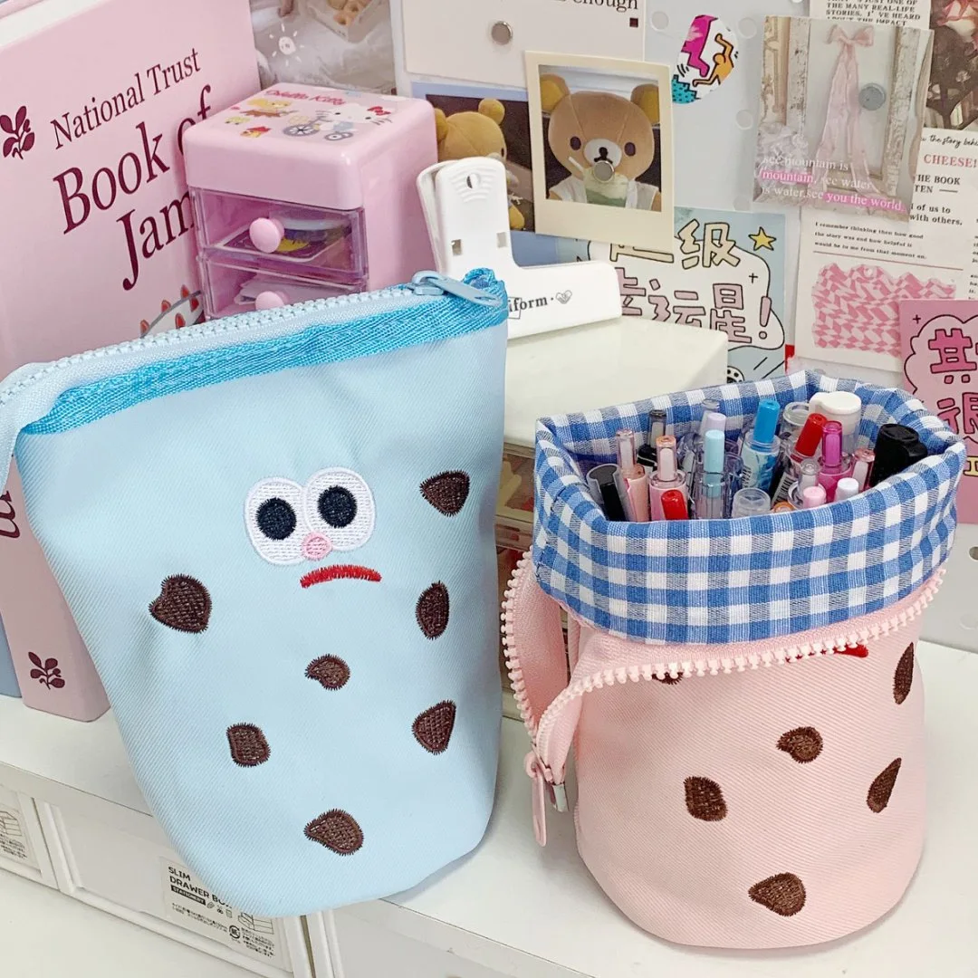Cute Cow Print Vertical Cosmetic Bag Foldable Standing Makeup Brush Storage Pouch With Heart Pendant For Travel Daily Use
