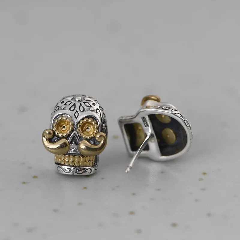 Real S925 Silver Jewelry Retro Thai Fashion Punk Style Long Beard Skull Earrings for Men