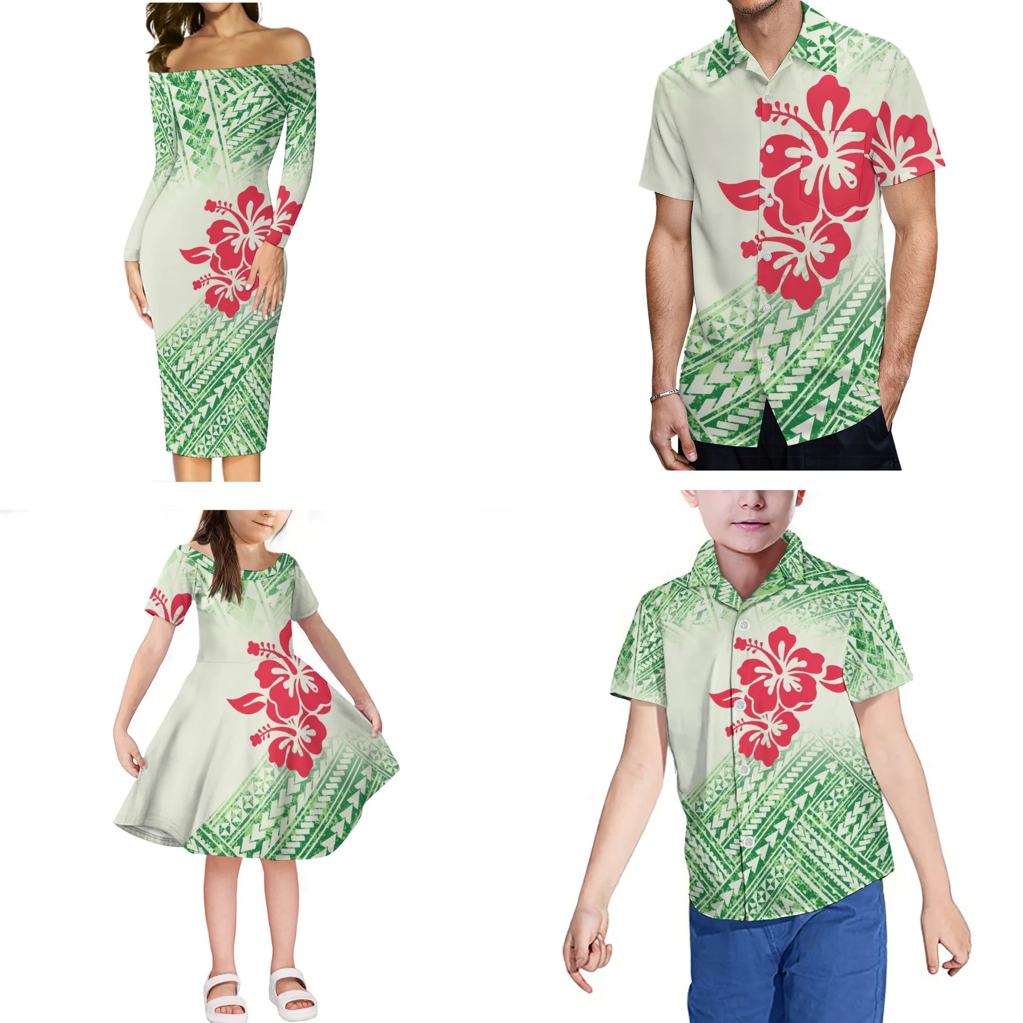 Hete Verkoop Polynesische Samoa Tribal Print 4 Stuks Set Mode Vrouwen Lange Mouw Maxi Jurk Match Mannen Shirts Kinderen T-Shirt